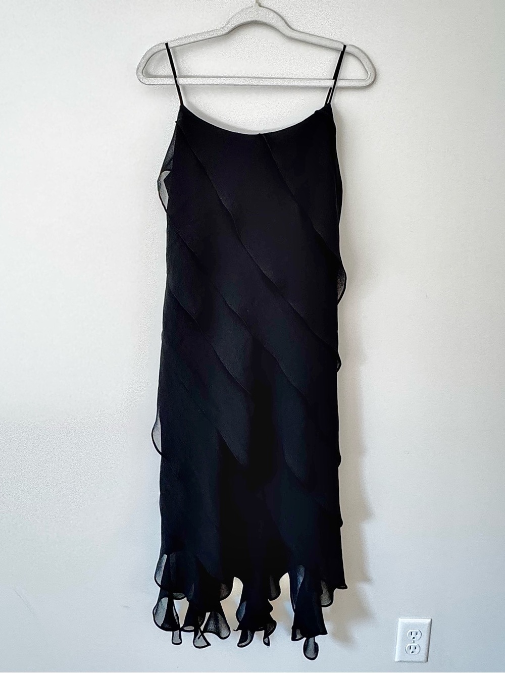 Vintage 90s J.B.S. Ltd. Ruffle Tiered Chiffon Midi Slip Dress, Black – 12 (M)